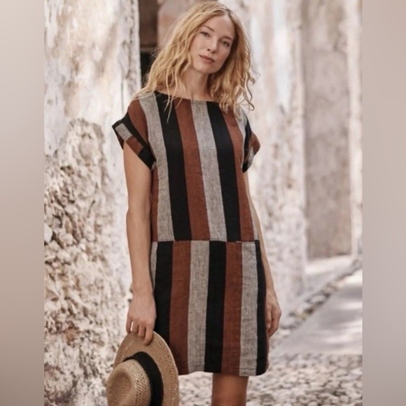 Garnet Hill Striped Meraki Linen Dress, Size S - Picture 1 of 9